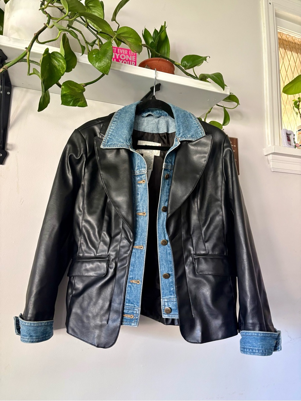 Layered Black Faux Leather Jacket with Blue Denim Trim
